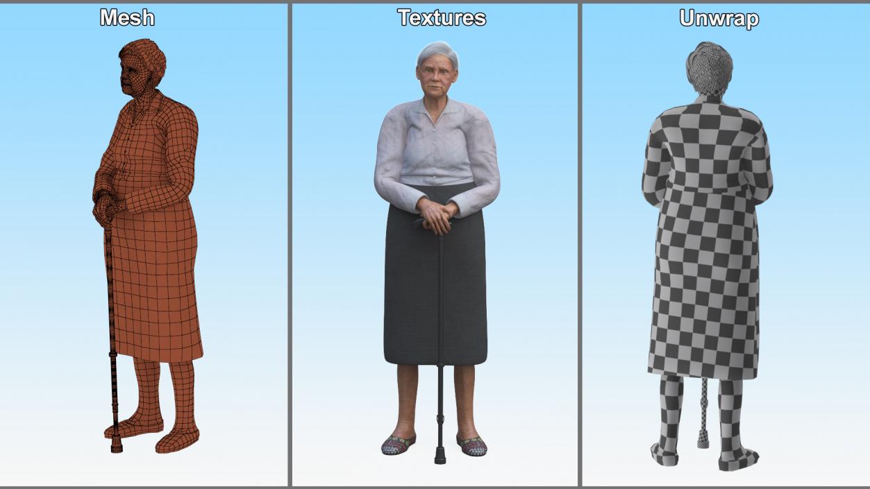 3D Older Woman Standing with Walking Cane model