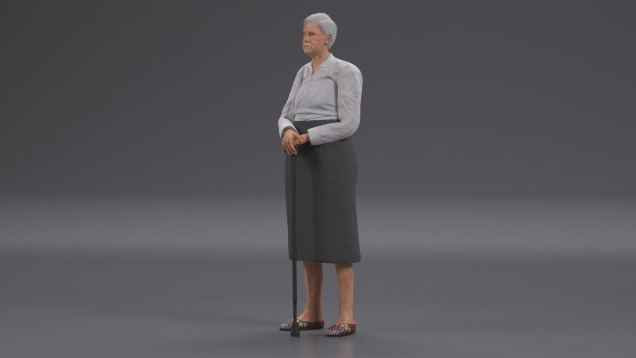 3D Older Woman Standing with Walking Cane model