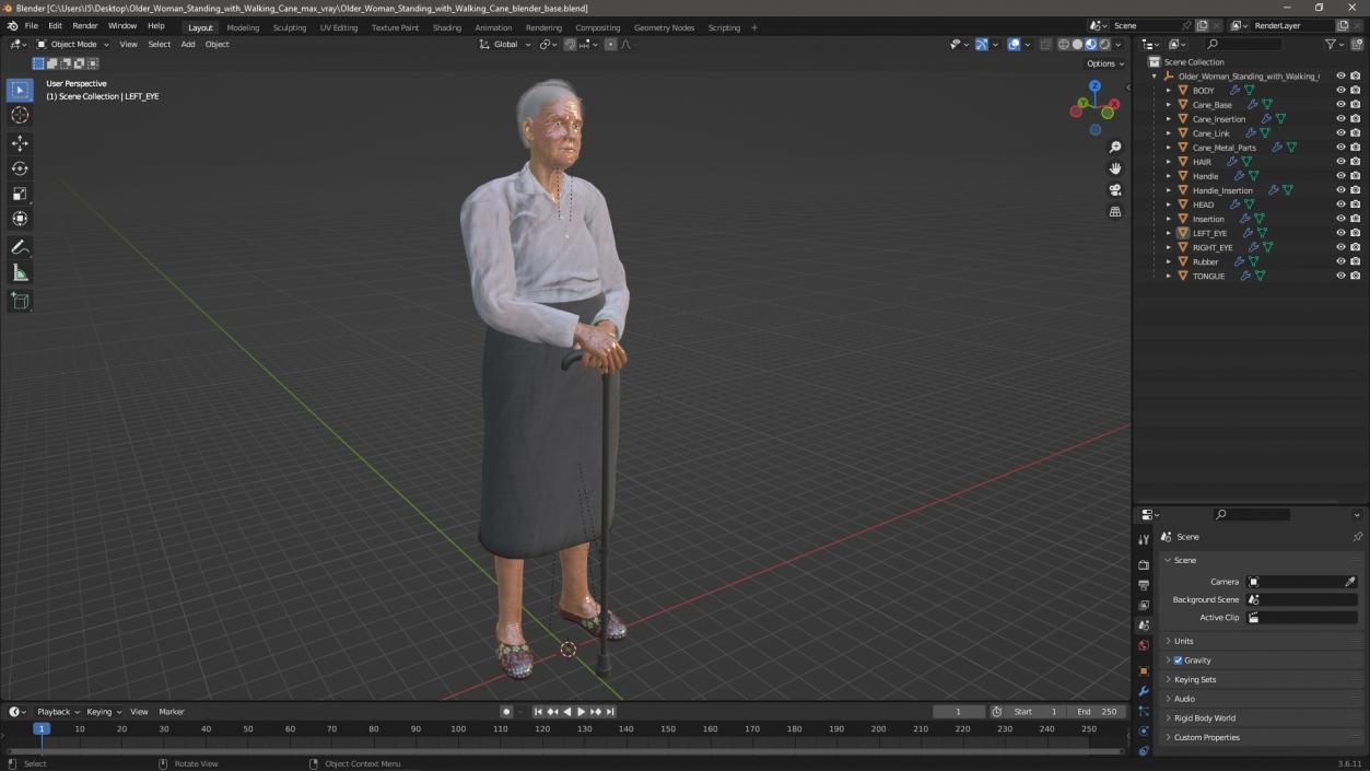 3D Older Woman Standing with Walking Cane model