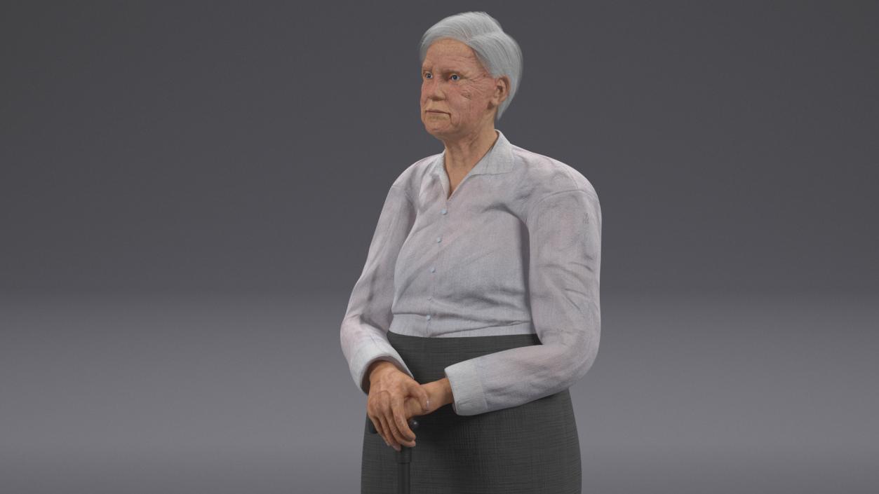 3D Older Woman Standing with Walking Cane model