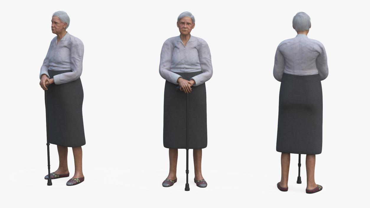 3D Older Woman Standing with Walking Cane model