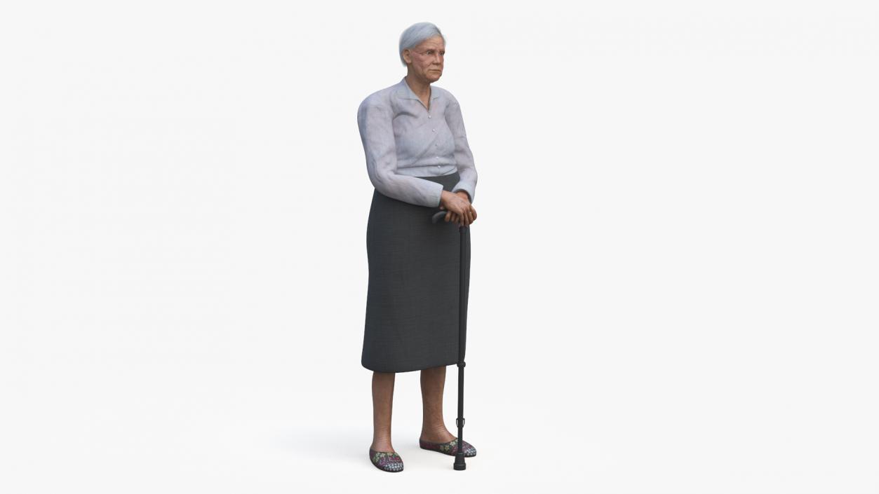 3D Older Woman Standing with Walking Cane model