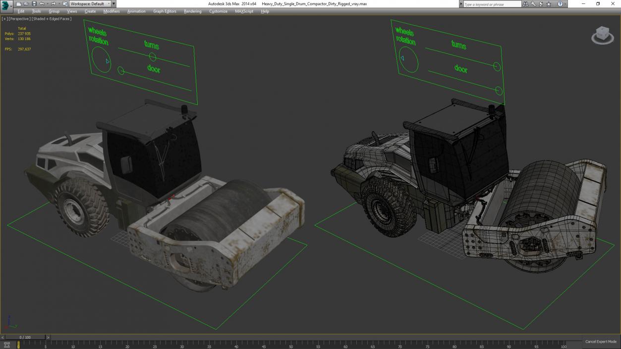 Heavy Duty Single Drum Compactor Dirty Rigged for Maya 3D model