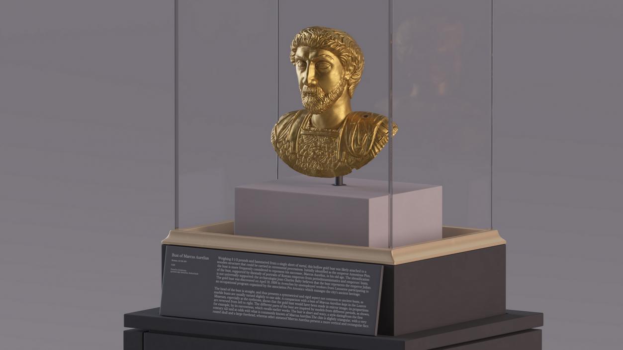 3D Golden Bust of Marcus Aurelius in Museum Stand