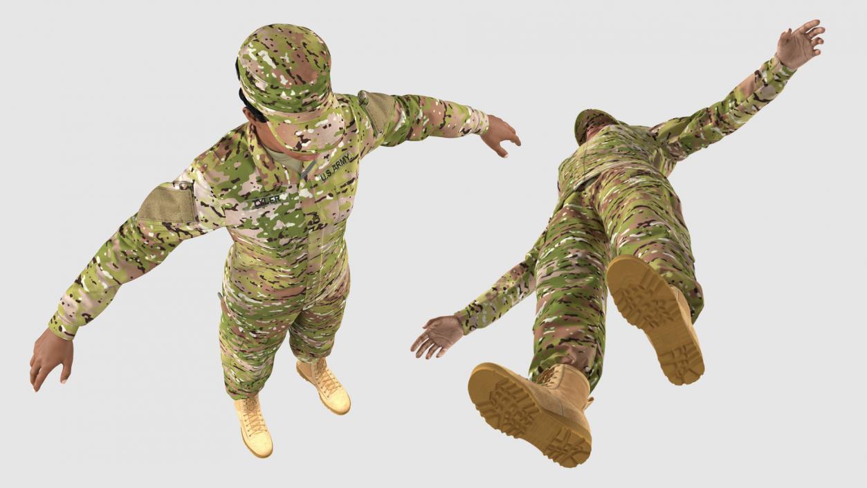 3D Black Female Soldier Camo T Pose Fur