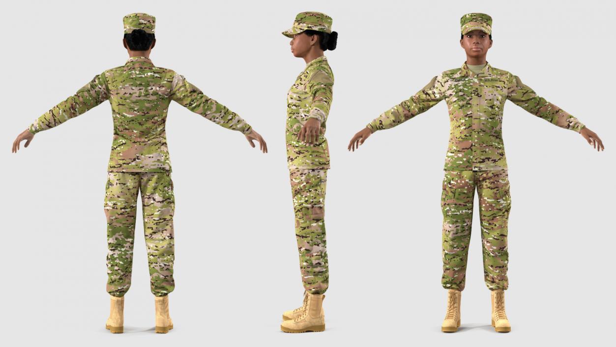 3D Black Female Soldier Camo T Pose Fur