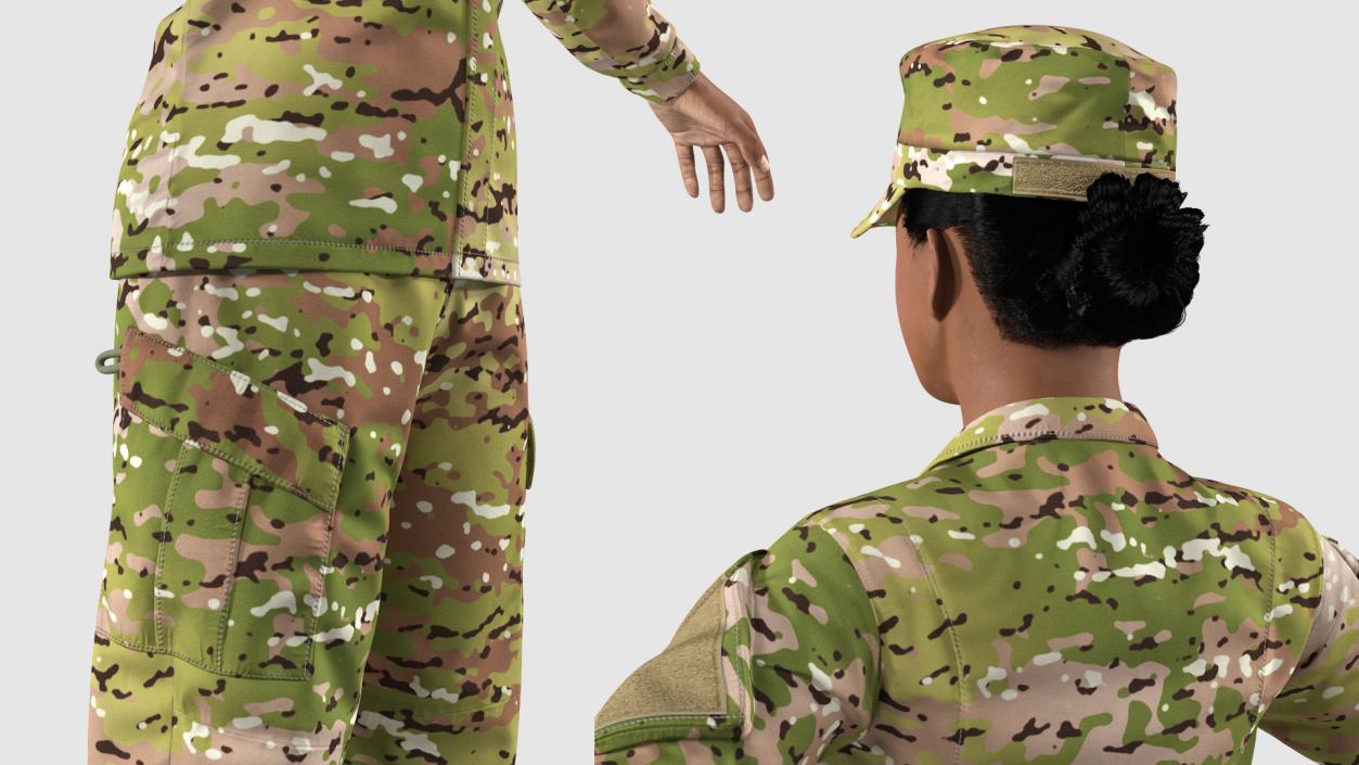 3D Black Female Soldier Camo T Pose Fur