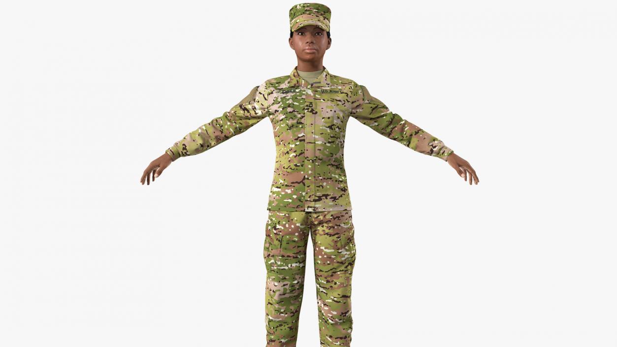 3D Black Female Soldier Camo T Pose Fur