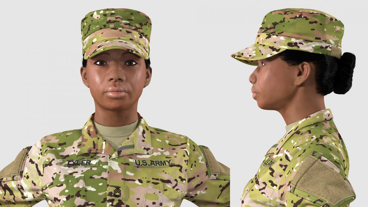 3D Black Female Soldier Camo T Pose Fur