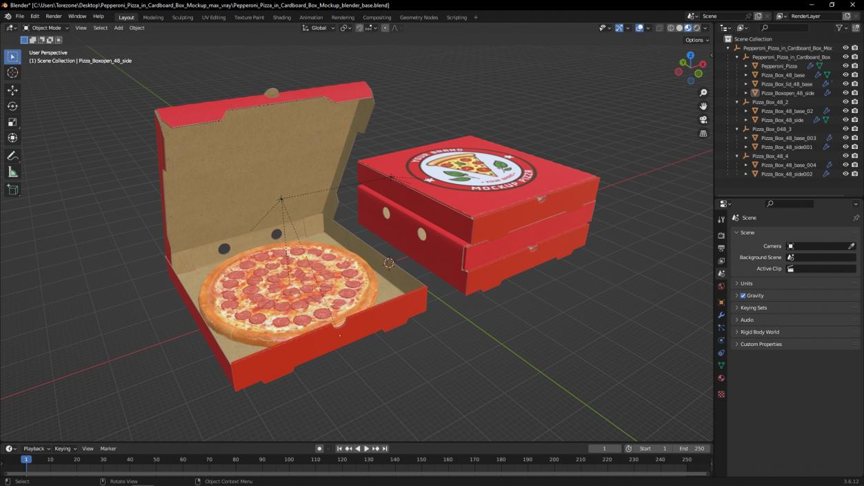 Pepperoni Pizza in Cardboard Box Mockup 3D model