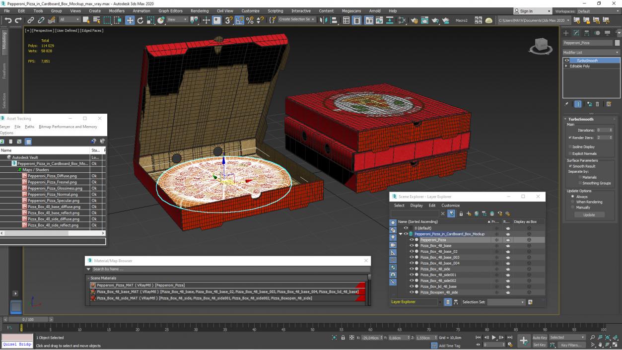 Pepperoni Pizza in Cardboard Box Mockup 3D model