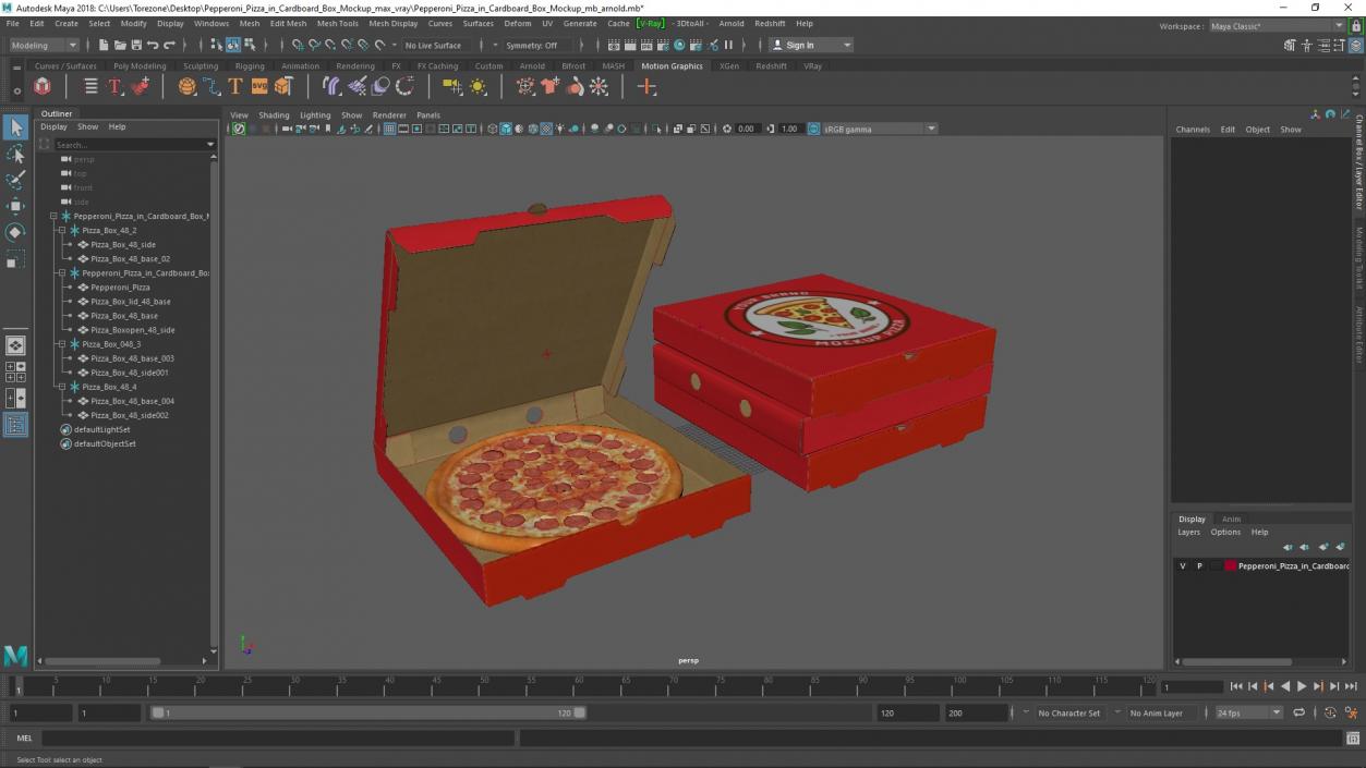 Pepperoni Pizza in Cardboard Box Mockup 3D model