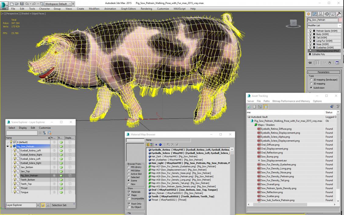 3D Pig Sow Peitrain Walking Pose with Fur model