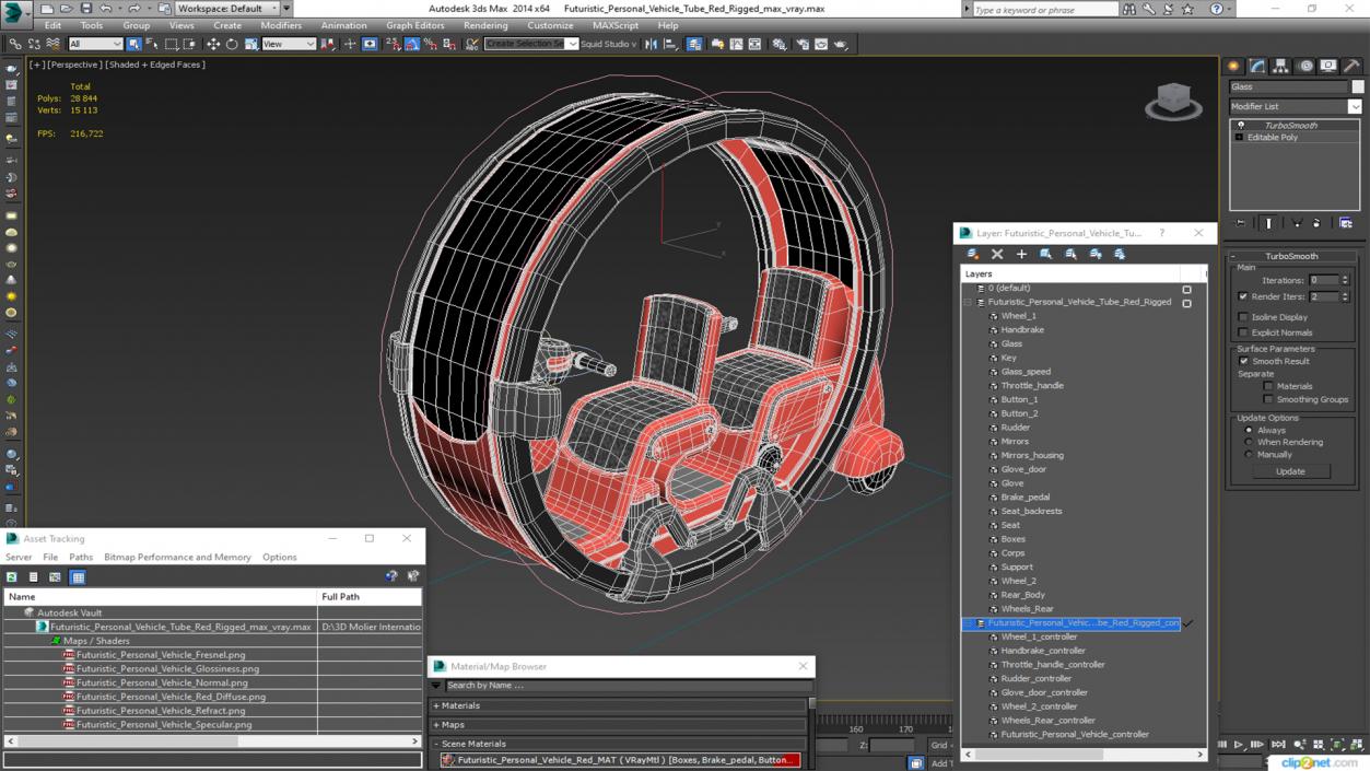 3D Futuristic Personal Vehicle Tube Red Rigged model