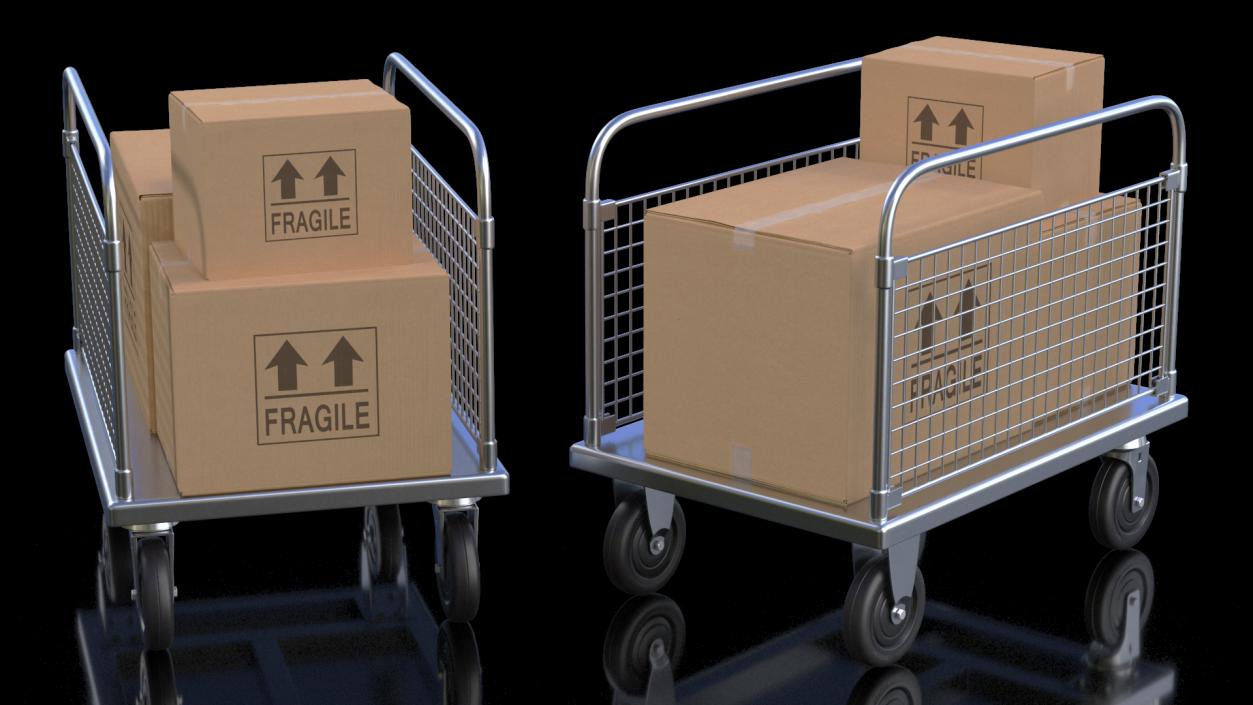 Platform Trolley Two Railing with Cardboard Boxes 3D model