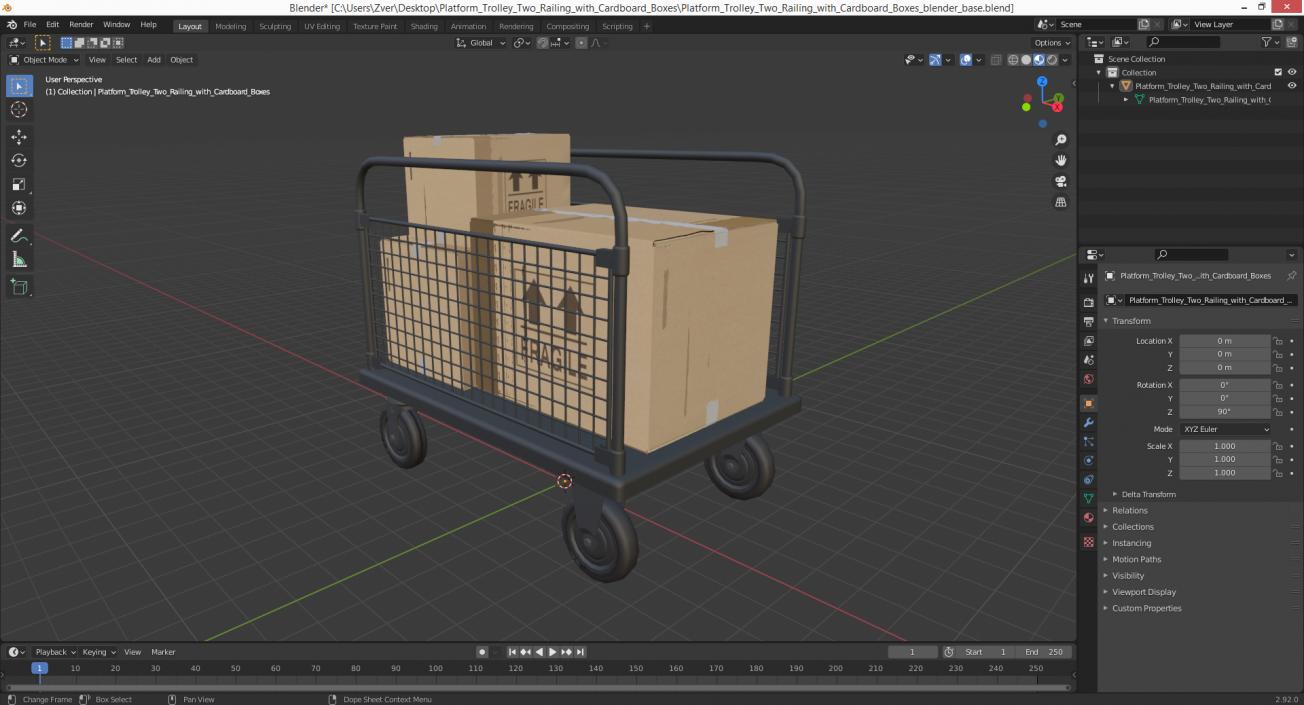 Platform Trolley Two Railing with Cardboard Boxes 3D model