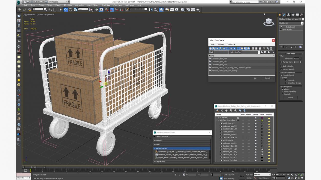 Platform Trolley Two Railing with Cardboard Boxes 3D model