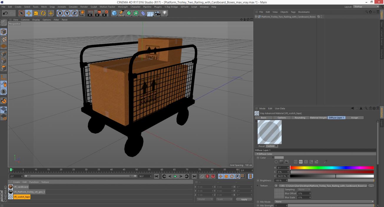 Platform Trolley Two Railing with Cardboard Boxes 3D model