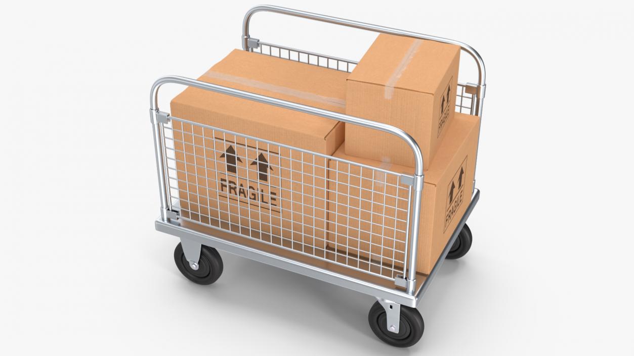 Platform Trolley Two Railing with Cardboard Boxes 3D model