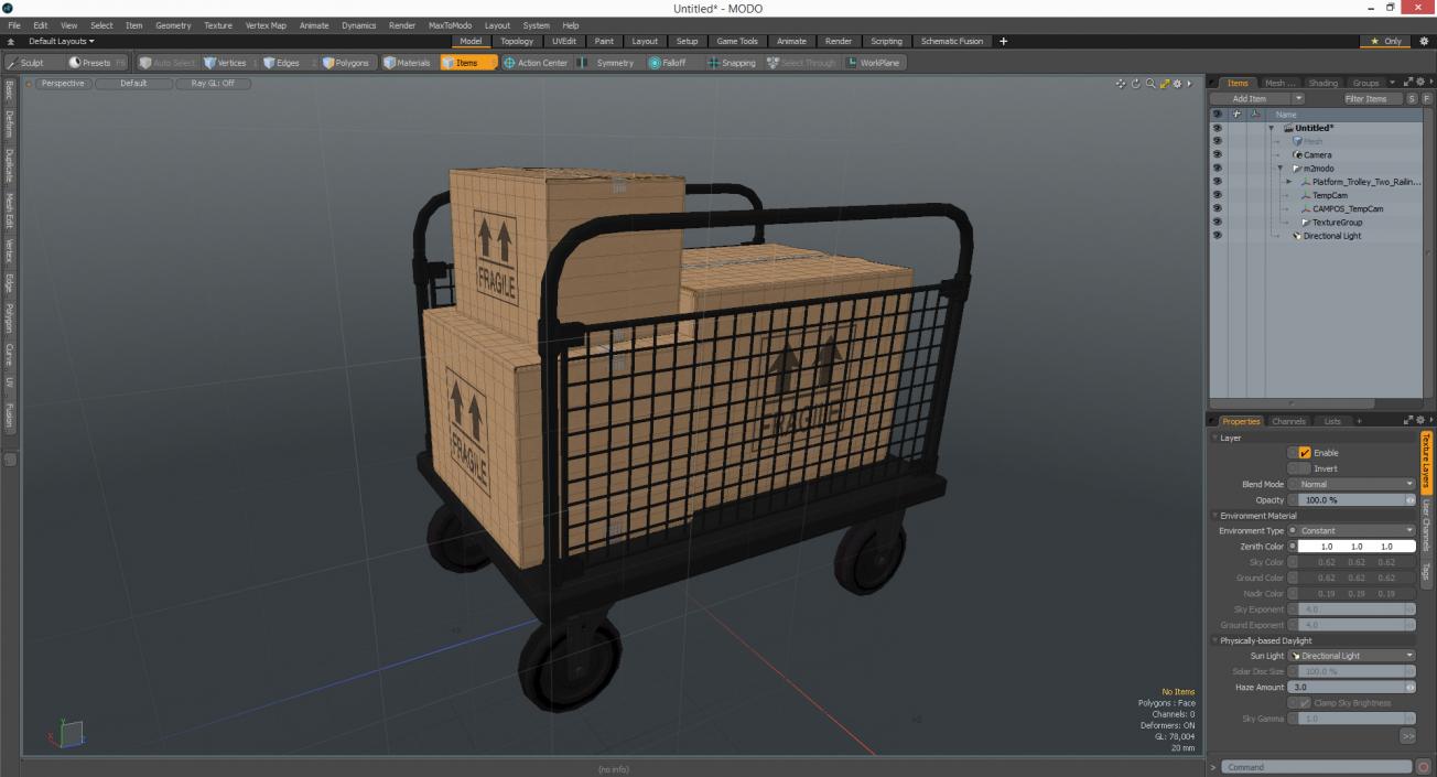 Platform Trolley Two Railing with Cardboard Boxes 3D model