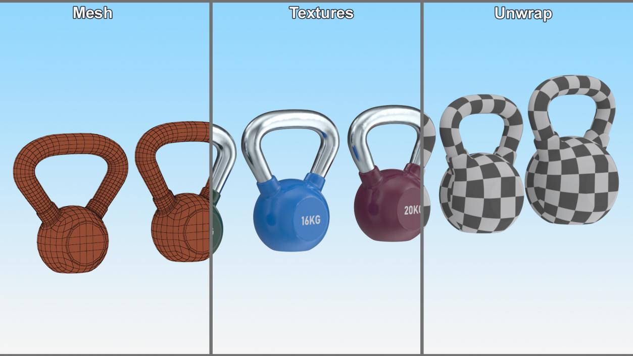 Vinyl Coated Kettlebell Weights Set 8-32kg 3D