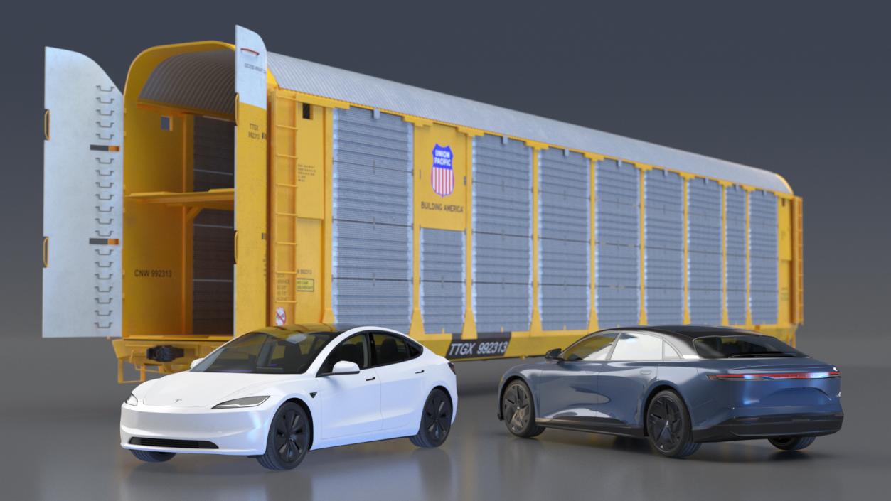 3D model Autorack Railroad Car with Electric Cars