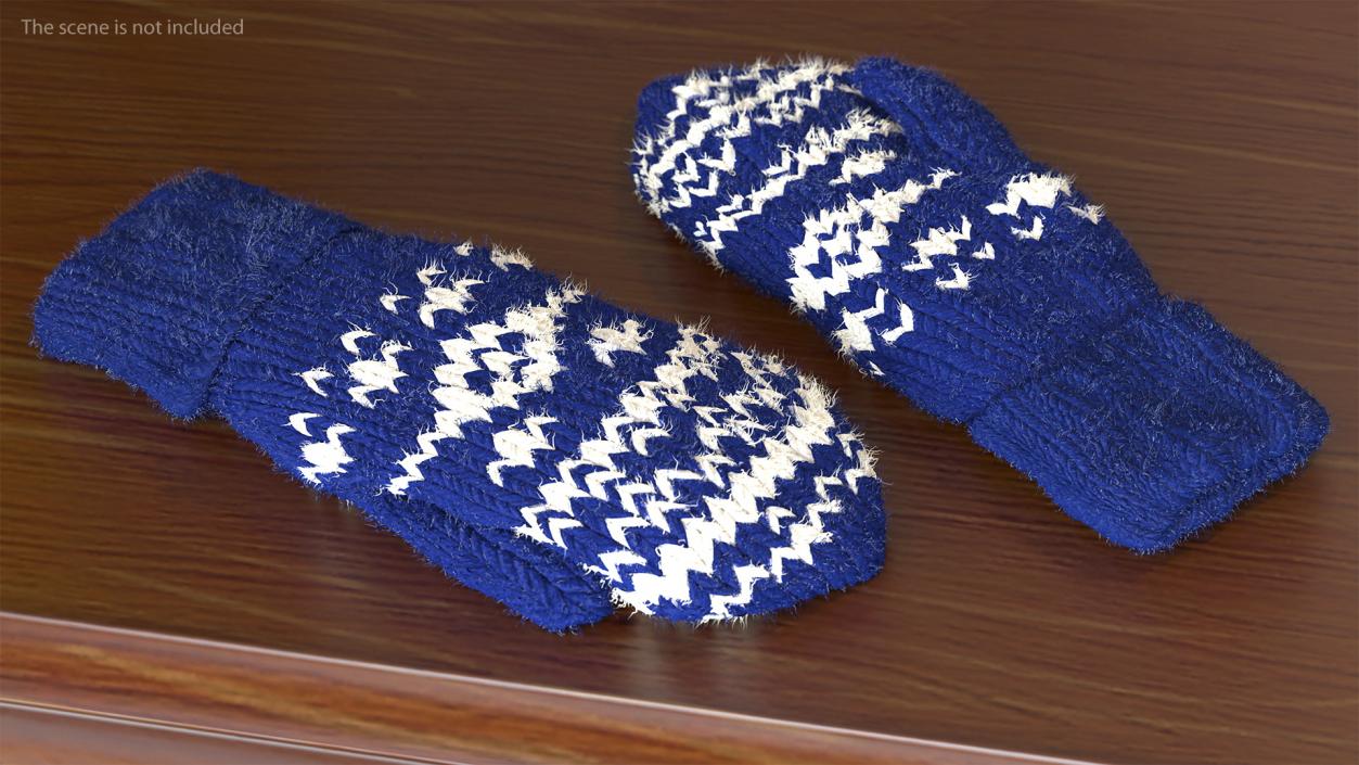 Knitted Blue Wool Mittens Fur 3D model