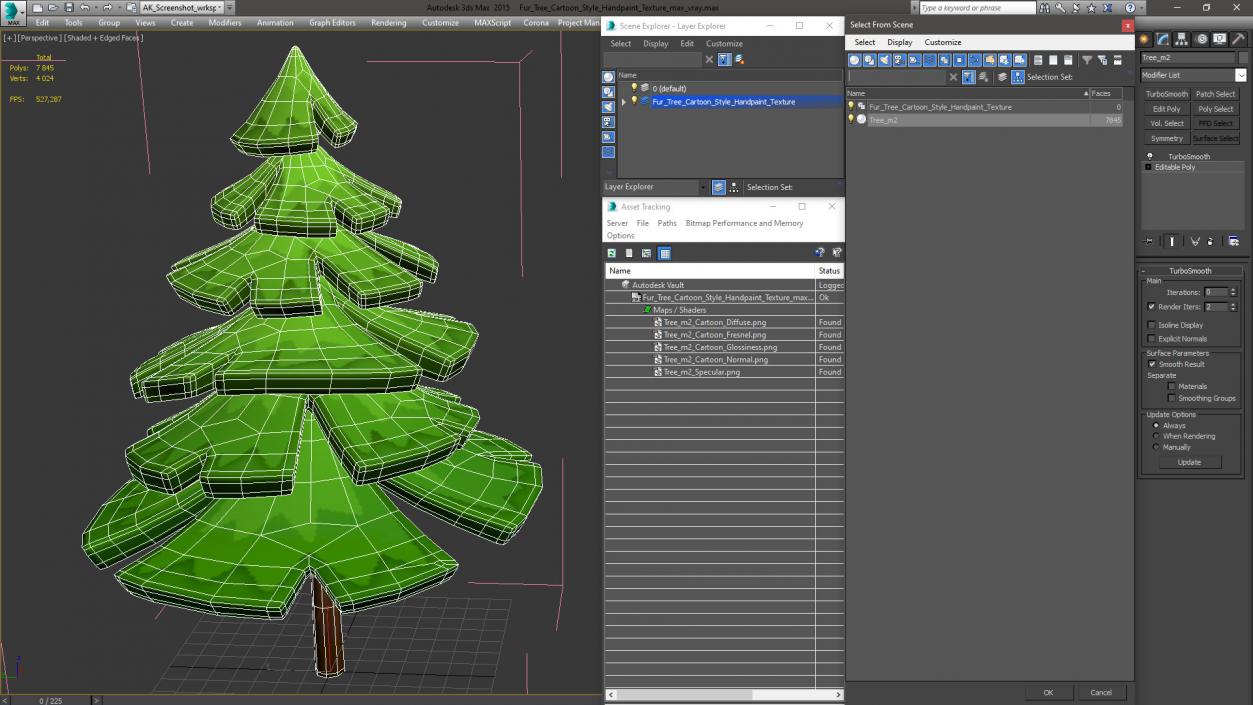 3D model Fur Tree Cartoon Style Handpaint Texture