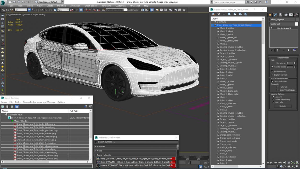 Snow Chains on Tesla Wheels Rigged 3D model