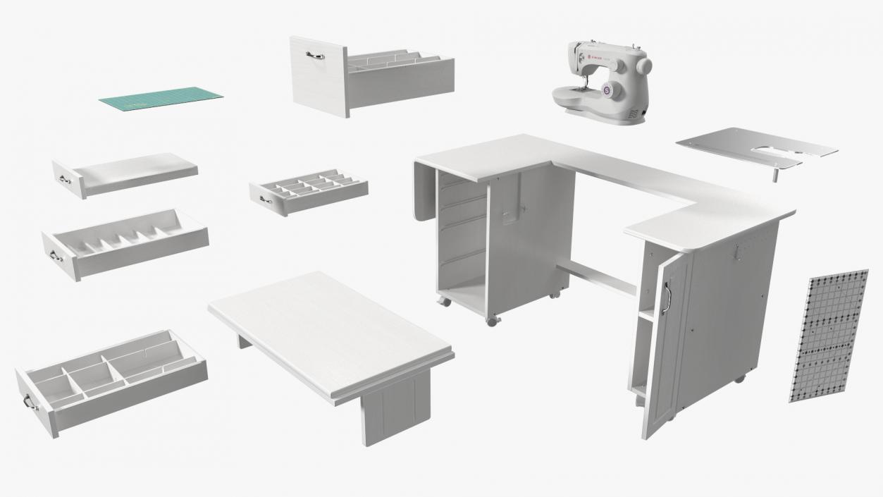 3D model White Sewing Table Cabinet with Singer Sew Machine