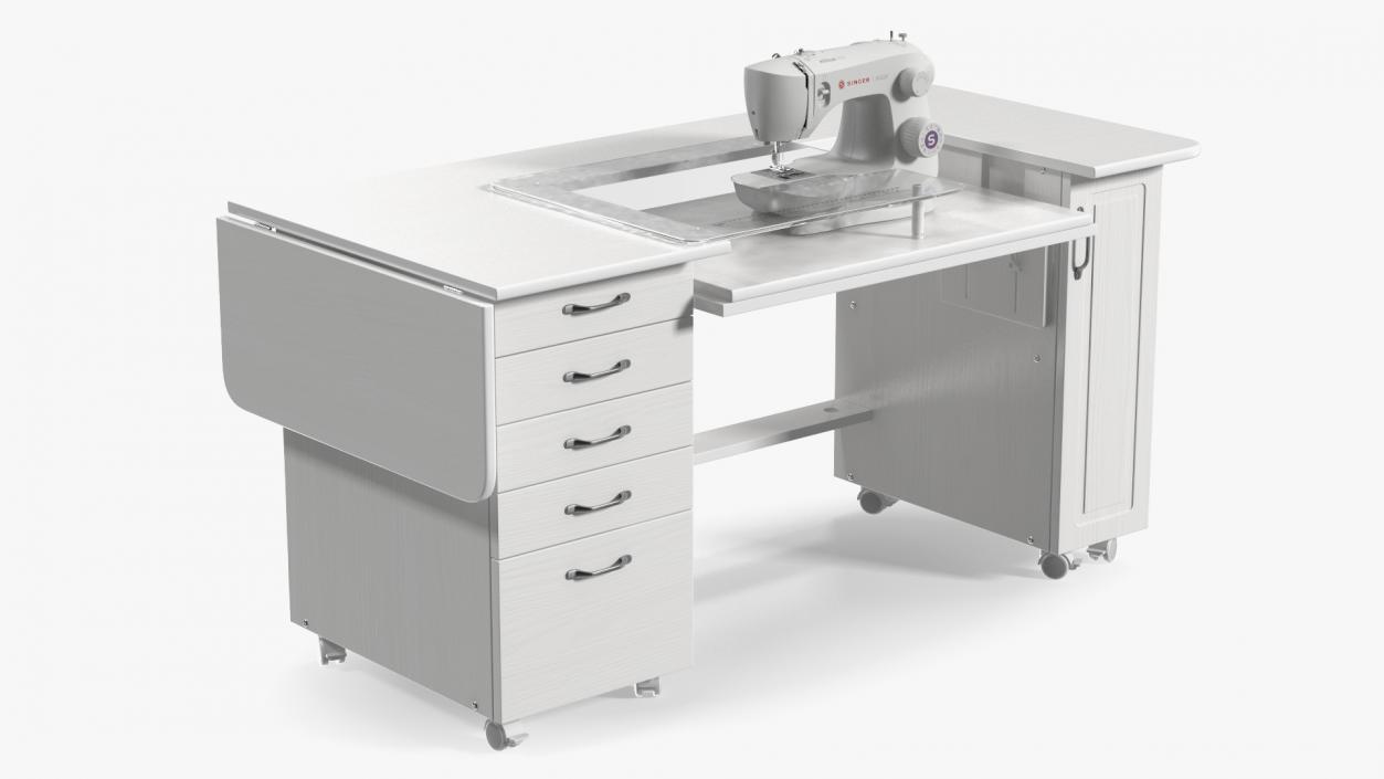 3D model White Sewing Table Cabinet with Singer Sew Machine