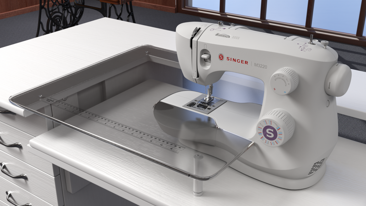 3D model White Sewing Table Cabinet with Singer Sew Machine