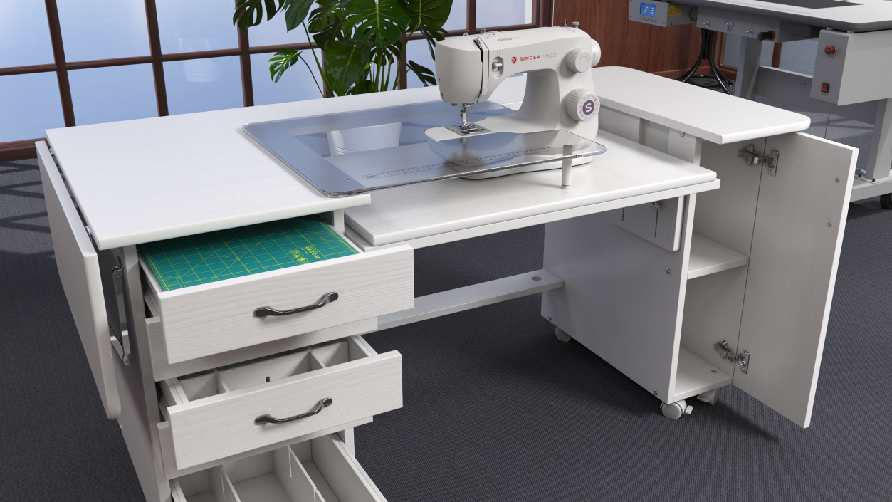 3D model White Sewing Table Cabinet with Singer Sew Machine