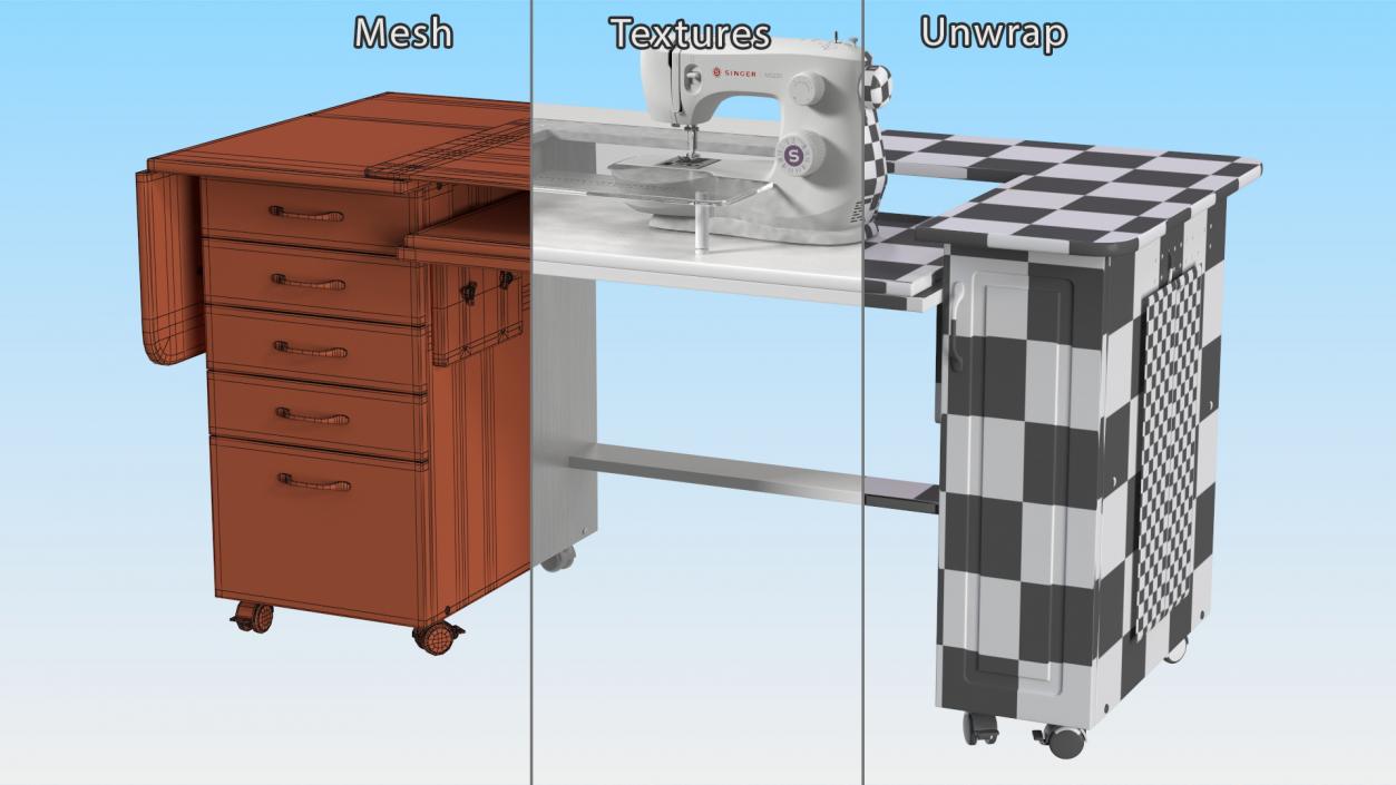 3D model White Sewing Table Cabinet with Singer Sew Machine