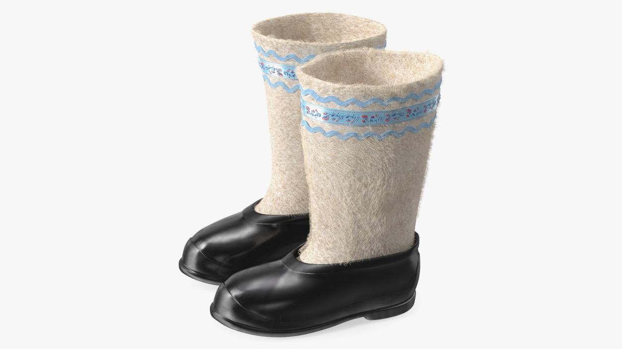 White Felt Boots With Rubber Waterproof Galoshes Fur 3D