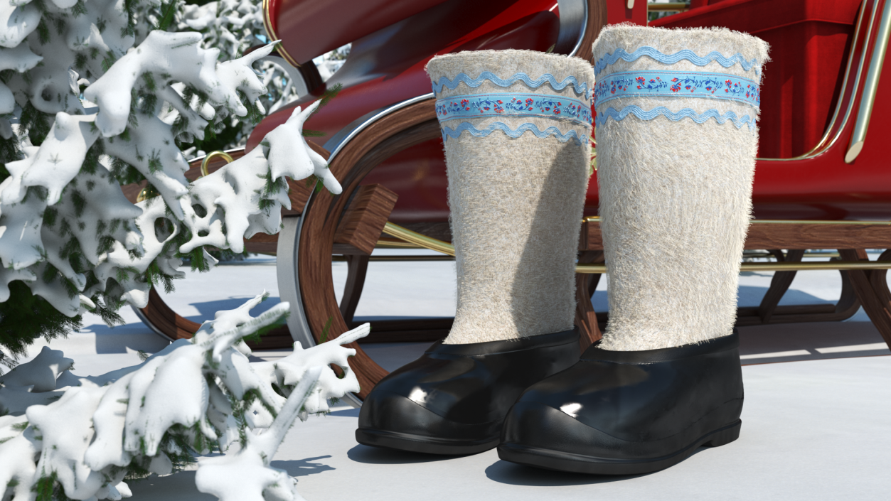 White Felt Boots With Rubber Waterproof Galoshes Fur 3D