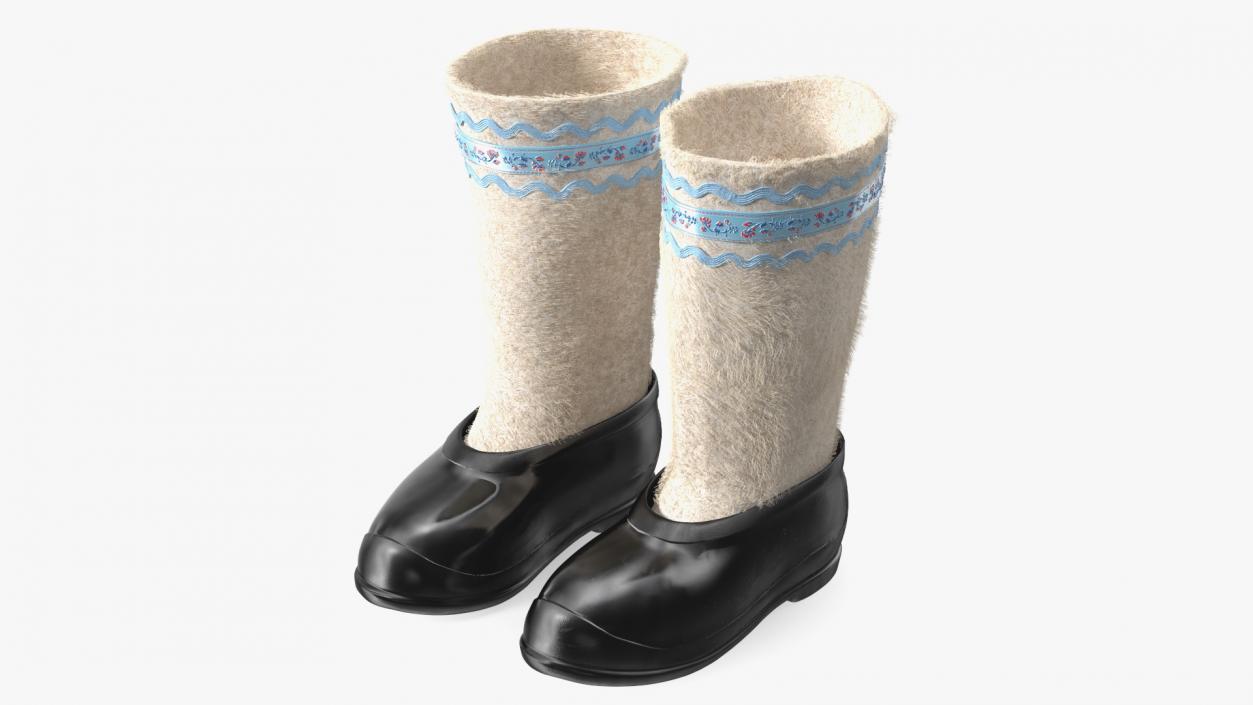 White Felt Boots With Rubber Waterproof Galoshes Fur 3D