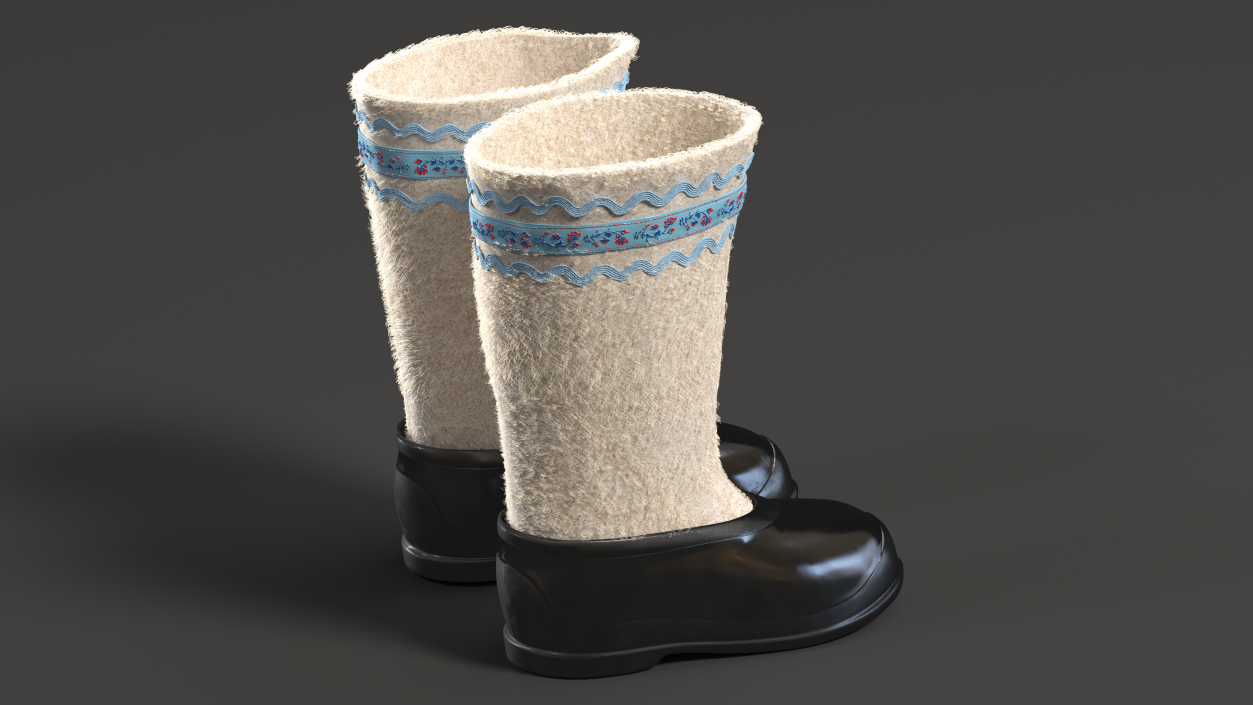 White Felt Boots With Rubber Waterproof Galoshes Fur 3D