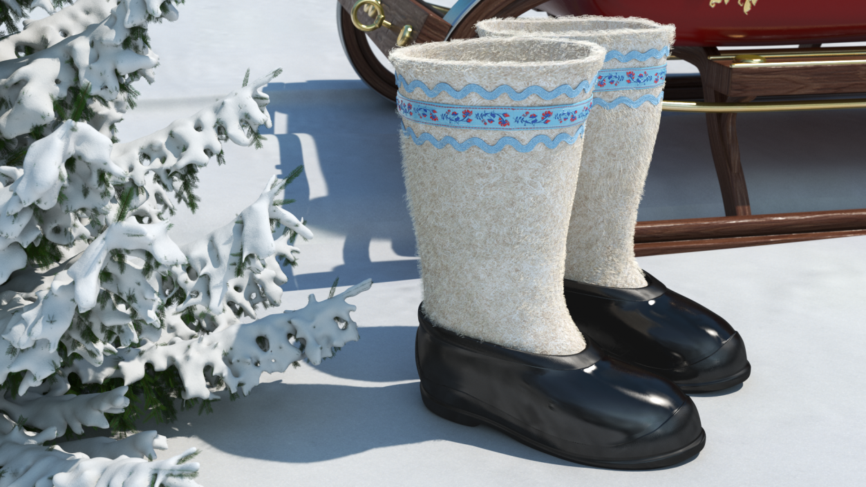 White Felt Boots With Rubber Waterproof Galoshes Fur 3D