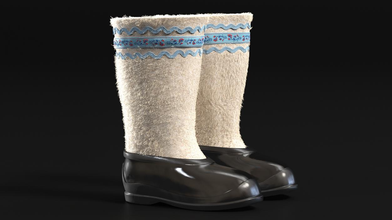 White Felt Boots With Rubber Waterproof Galoshes Fur 3D