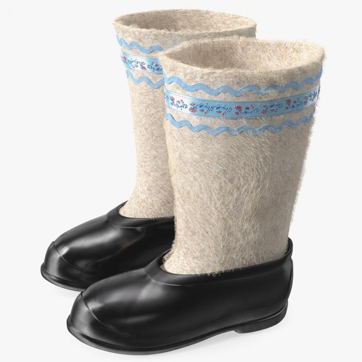 White Felt Boots With Rubber Waterproof Galoshes Fur 3D