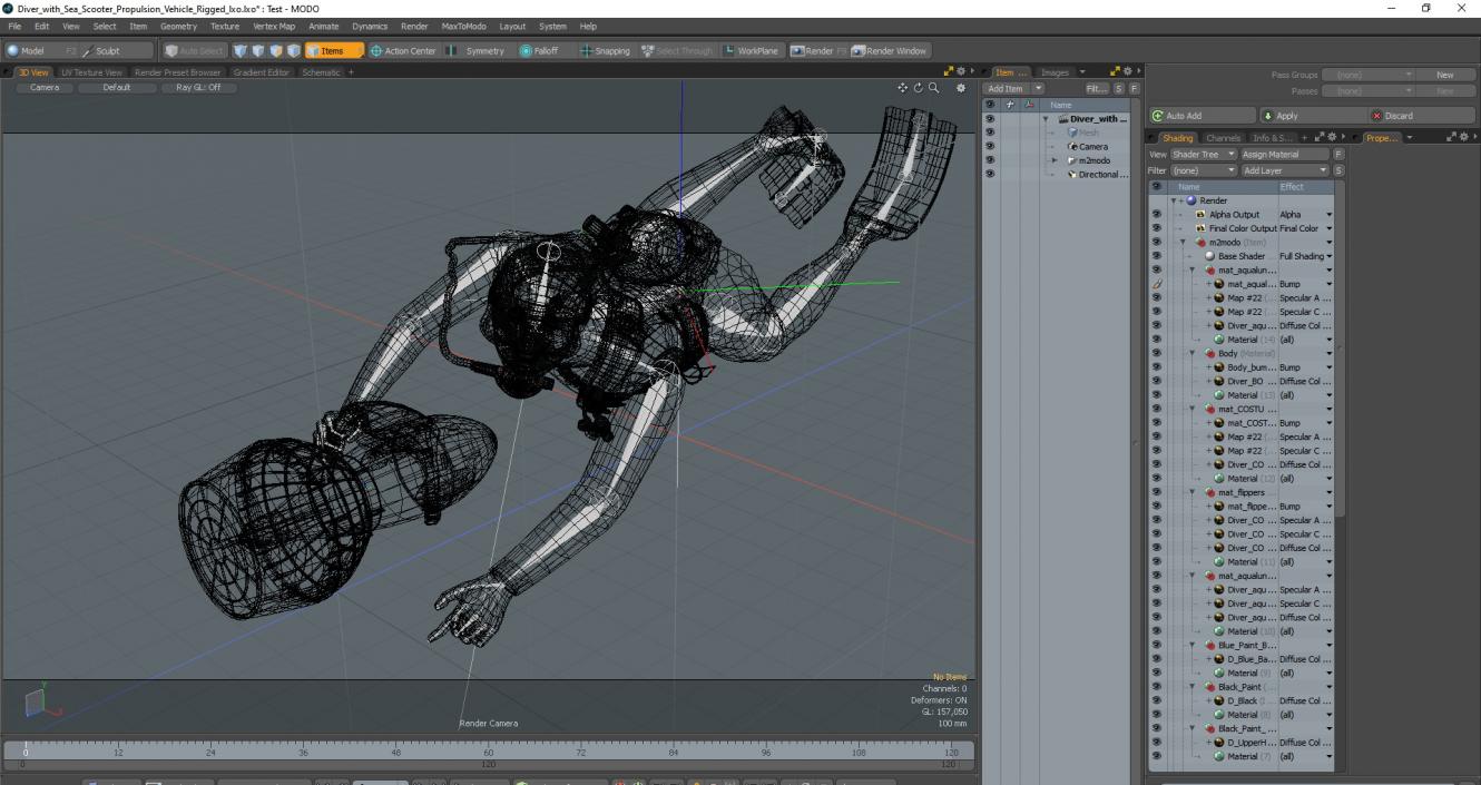 Diver with Sea Scooter Propulsion Vehicle Rigged for Modo 3D