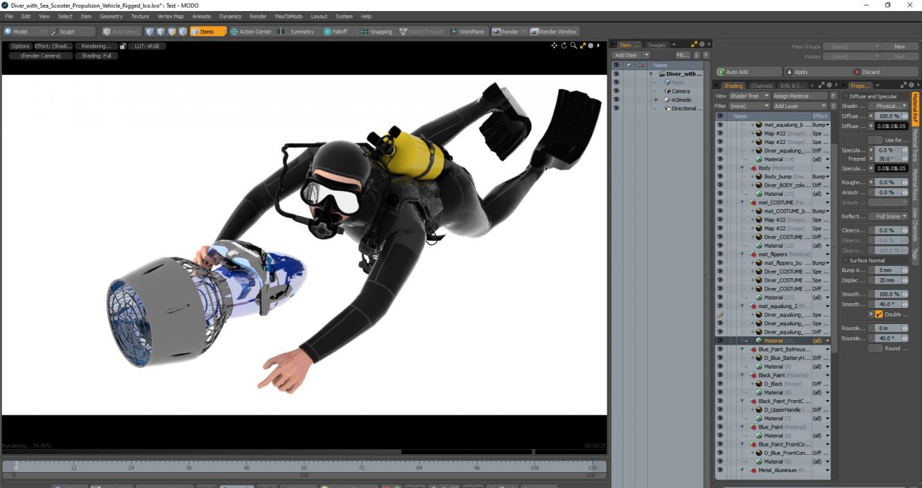 Diver with Sea Scooter Propulsion Vehicle Rigged for Modo 3D