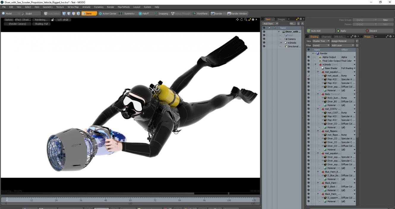 Diver with Sea Scooter Propulsion Vehicle Rigged for Modo 3D