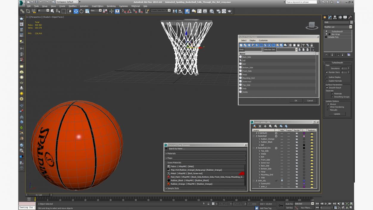 3D model Animated Spalding Basketball Falls Through the Net