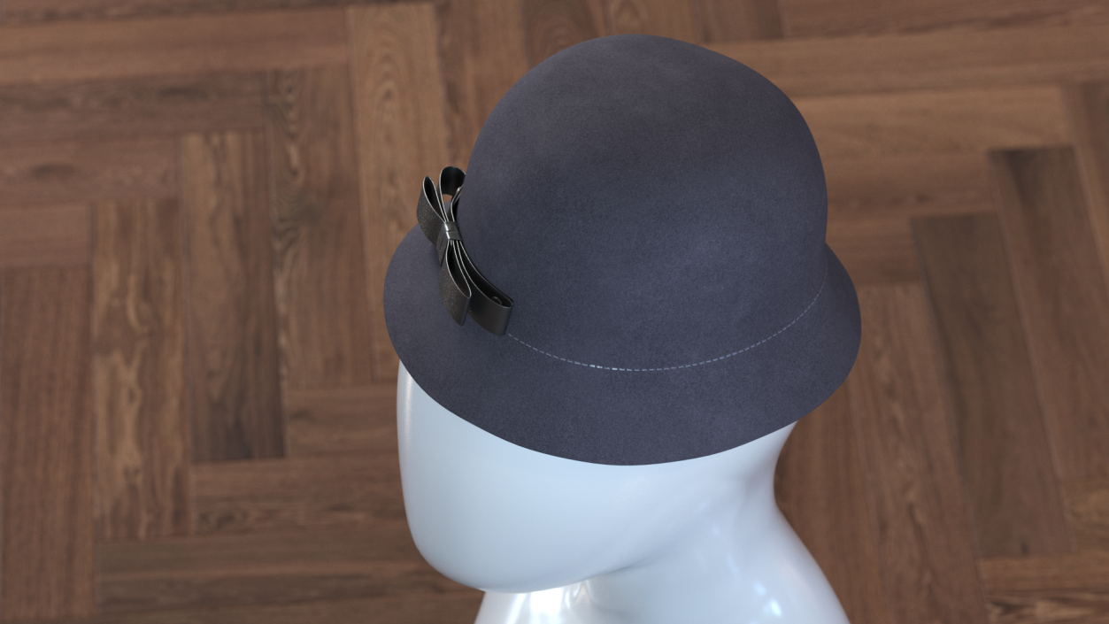 Womens Wool Grey Cloche Hat with Black Bow 3D