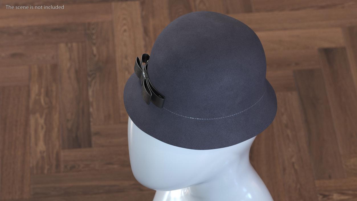 Womens Wool Grey Cloche Hat with Black Bow 3D