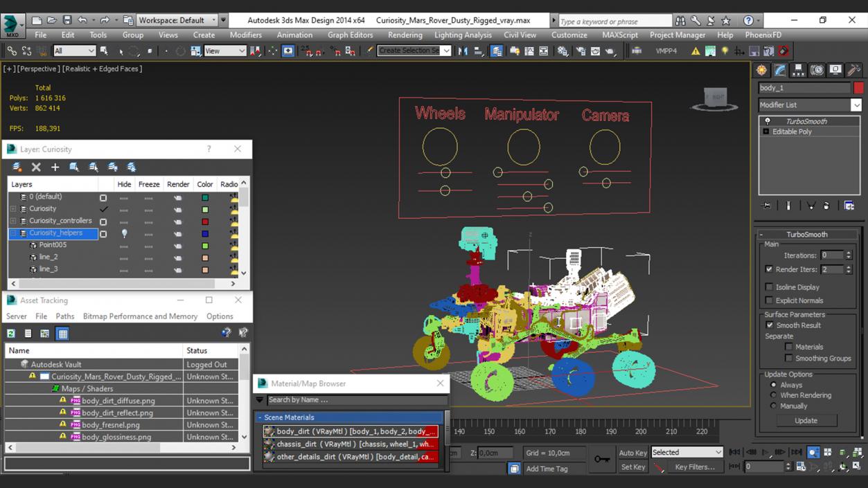 3D Curiosity Mars Rover Dusty Rigged model