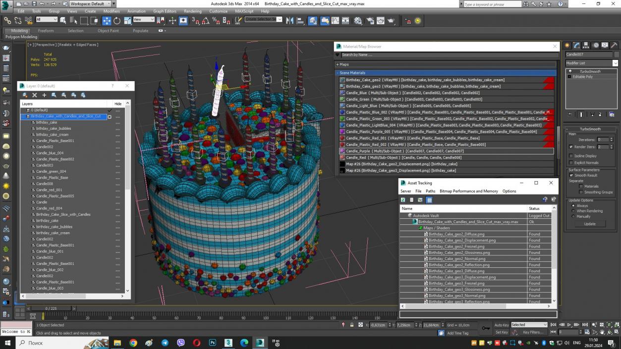 3D model Birthday Cake with Candles and Slice Cut