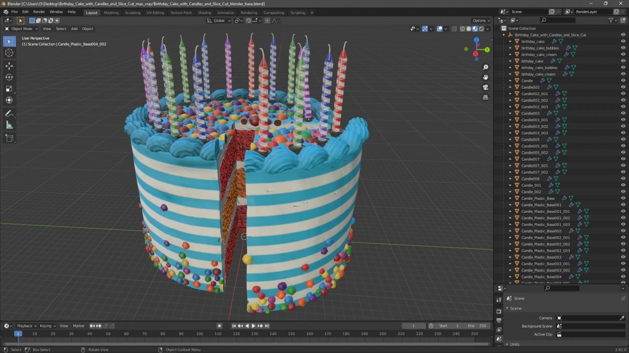 3D model Birthday Cake with Candles and Slice Cut